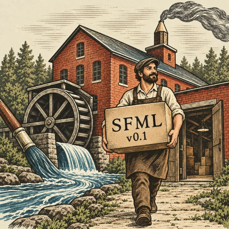 A millworker carrying a crate labeled SFML v0.1 out of a brick mill beside a waterwheel